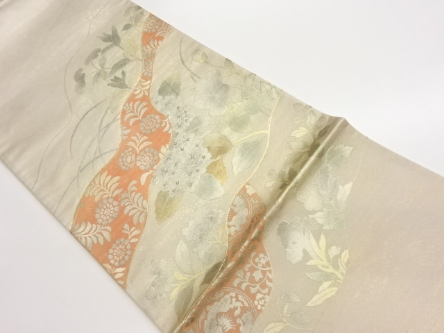 金駒刺繍金彩変わり道長取に紫陽花・草花模様袋帯